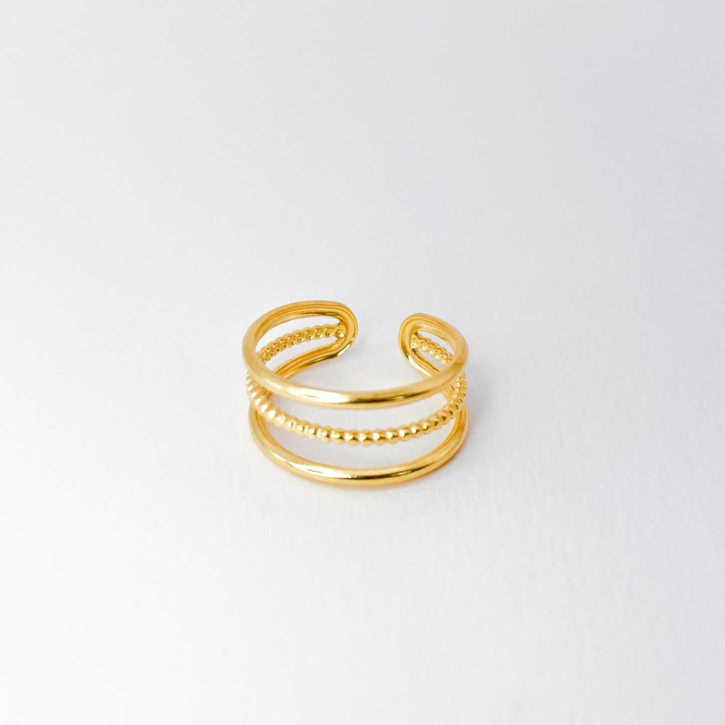 bague 3 rangs minimaliste en acier inoxydable doré. ajustable et waterproof. bijoux de soirée ou du quotidien