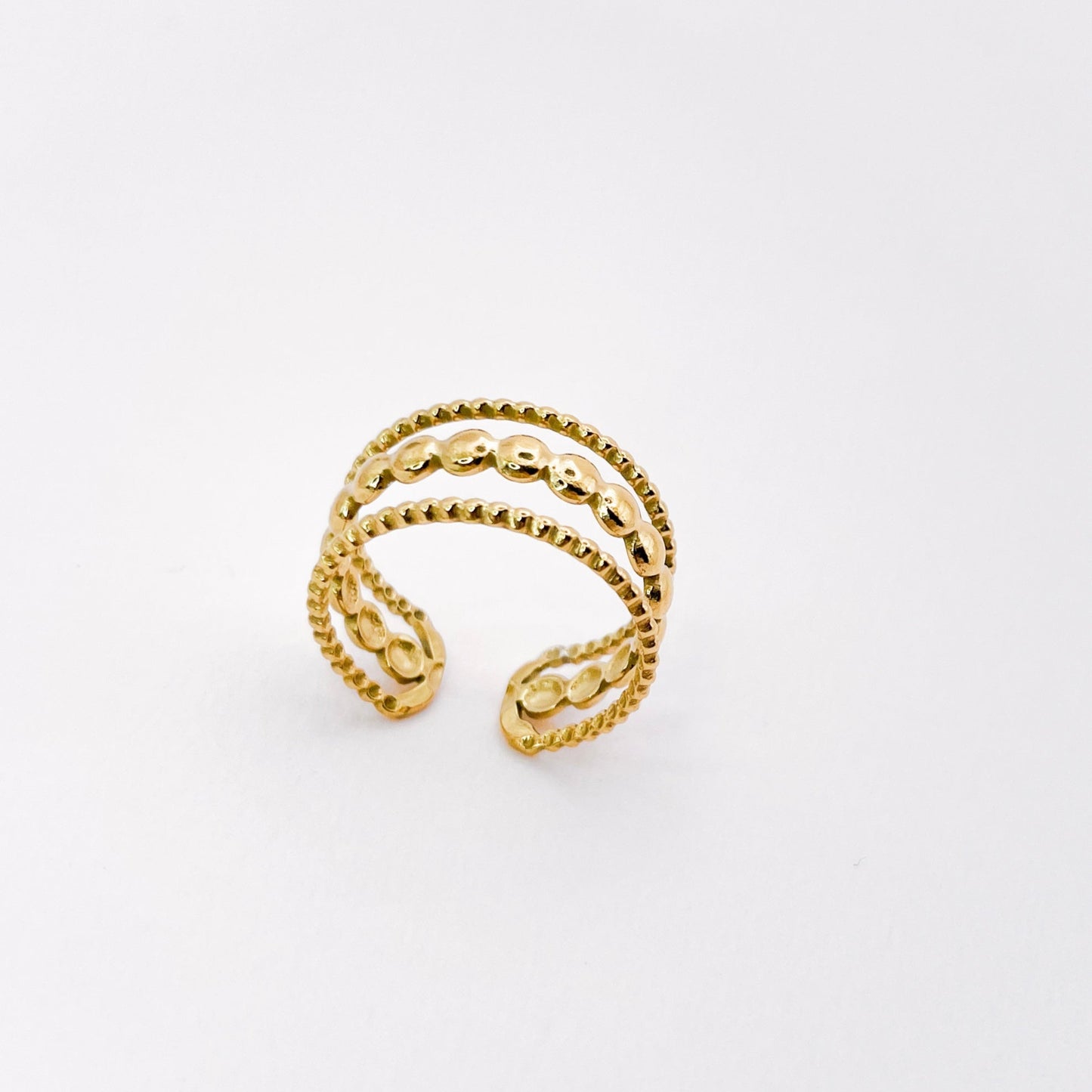 bague 3 rangs en acier inoxydable doré, detail perlés. bijoux tendances, chic, bohèmes et résistants