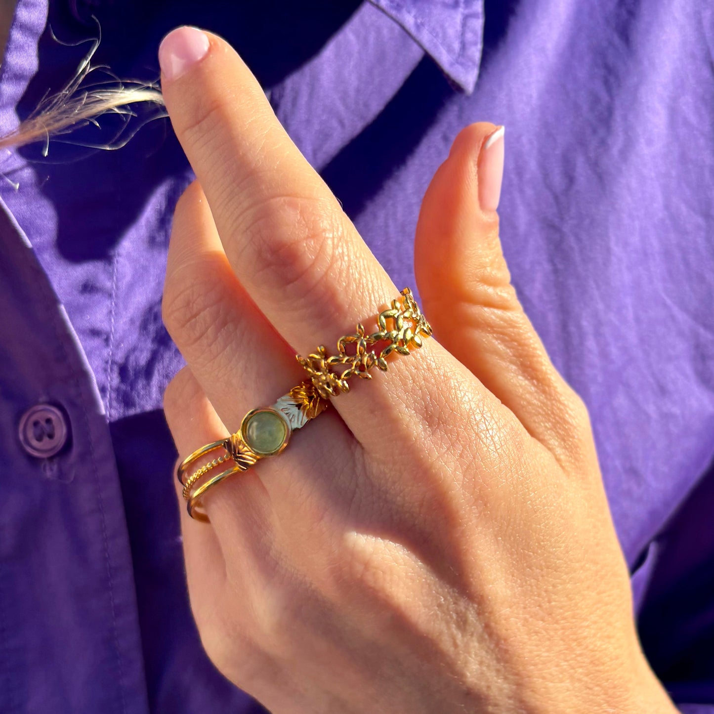 bague fantaisie de qualité à détail feuillage, ne rouille pas. look bohème chic pour femme