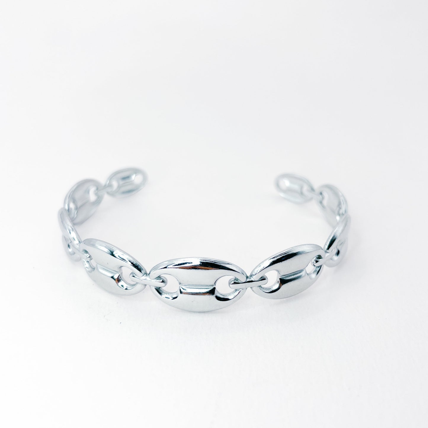 bracelet ouvert rigide et ajusatble en acier inoxydable argenté